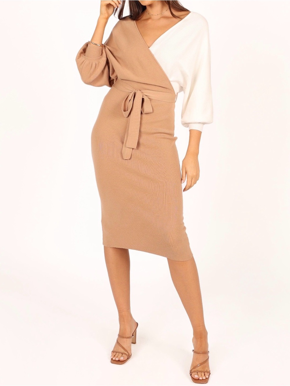 Petal & Pup Two-Tone Wrap Midi Dress - Cream & Camel